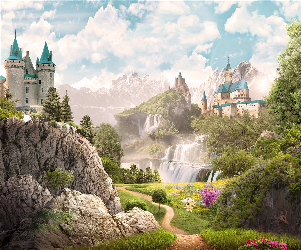 Fotobehang uitzicht met kastelen en waterval