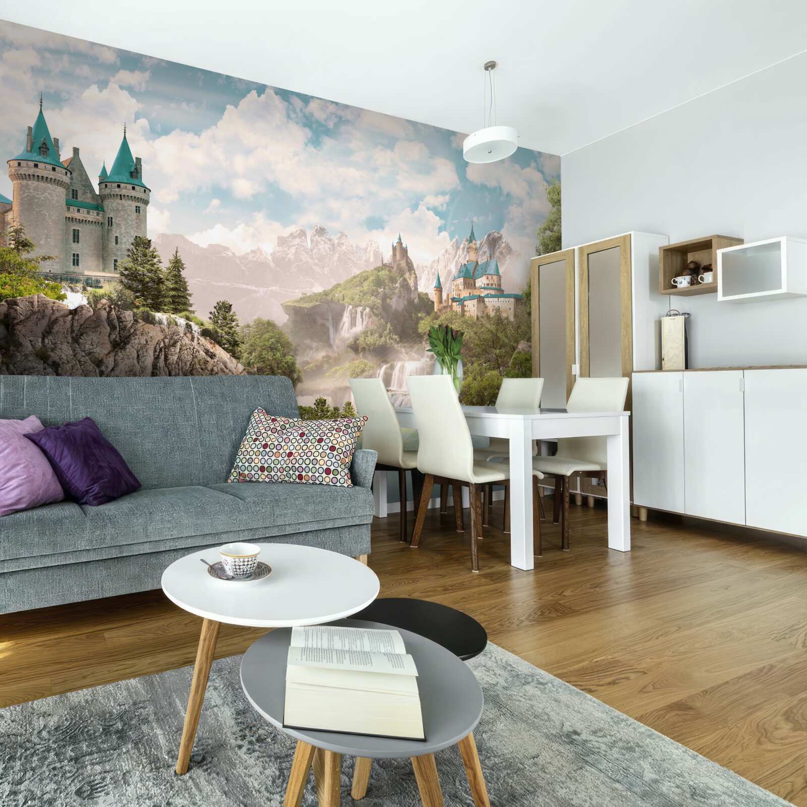 Fotobehang uitzicht met kastelen en waterval