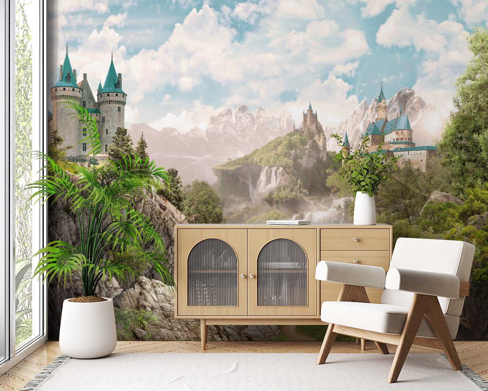 Fotobehang uitzicht met kastelen en waterval