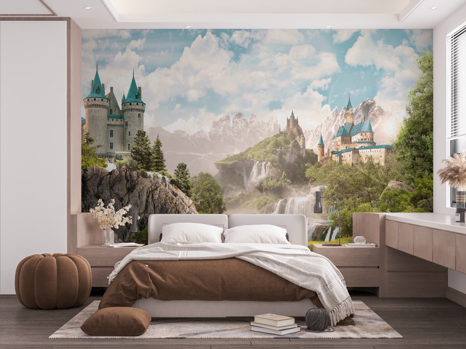 Fotobehang uitzicht met kastelen en waterval