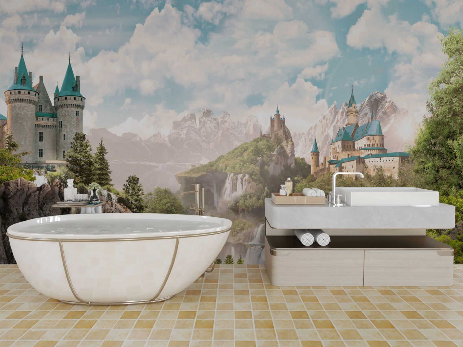 Fotobehang uitzicht met kastelen en waterval