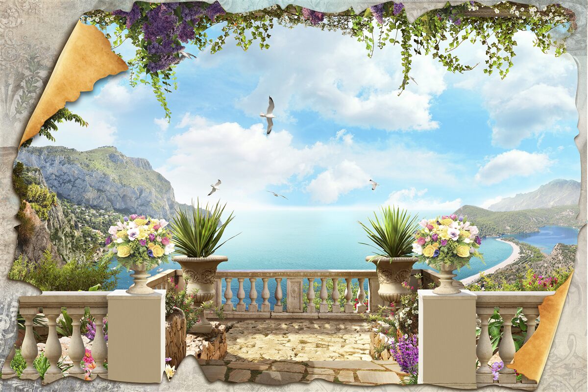 Fotobehang panoramisch uitzicht op zee vanaf het balkon