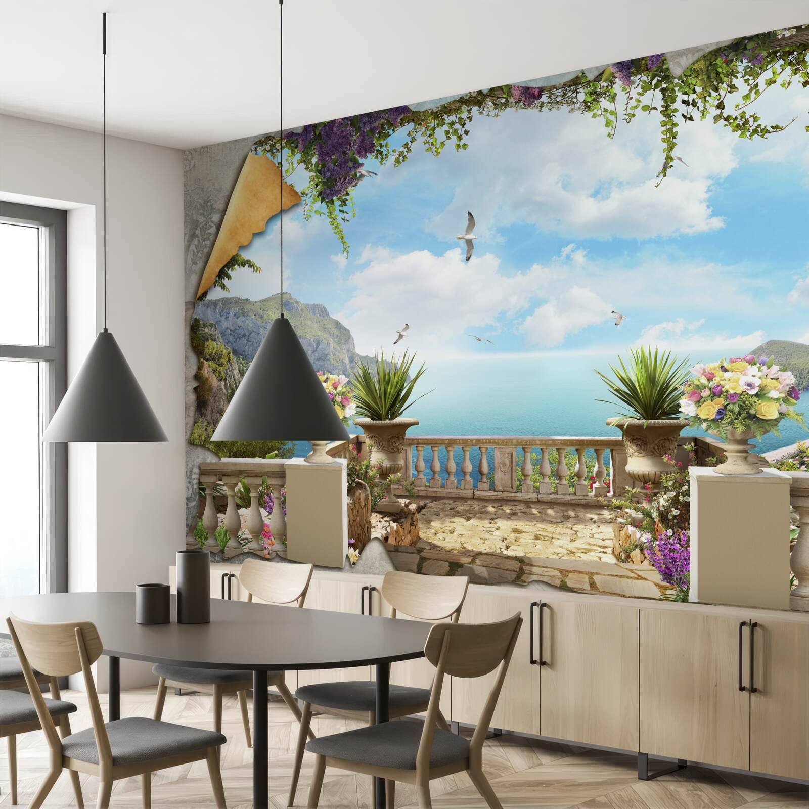 Fotobehang panoramisch uitzicht op zee vanaf het balkon