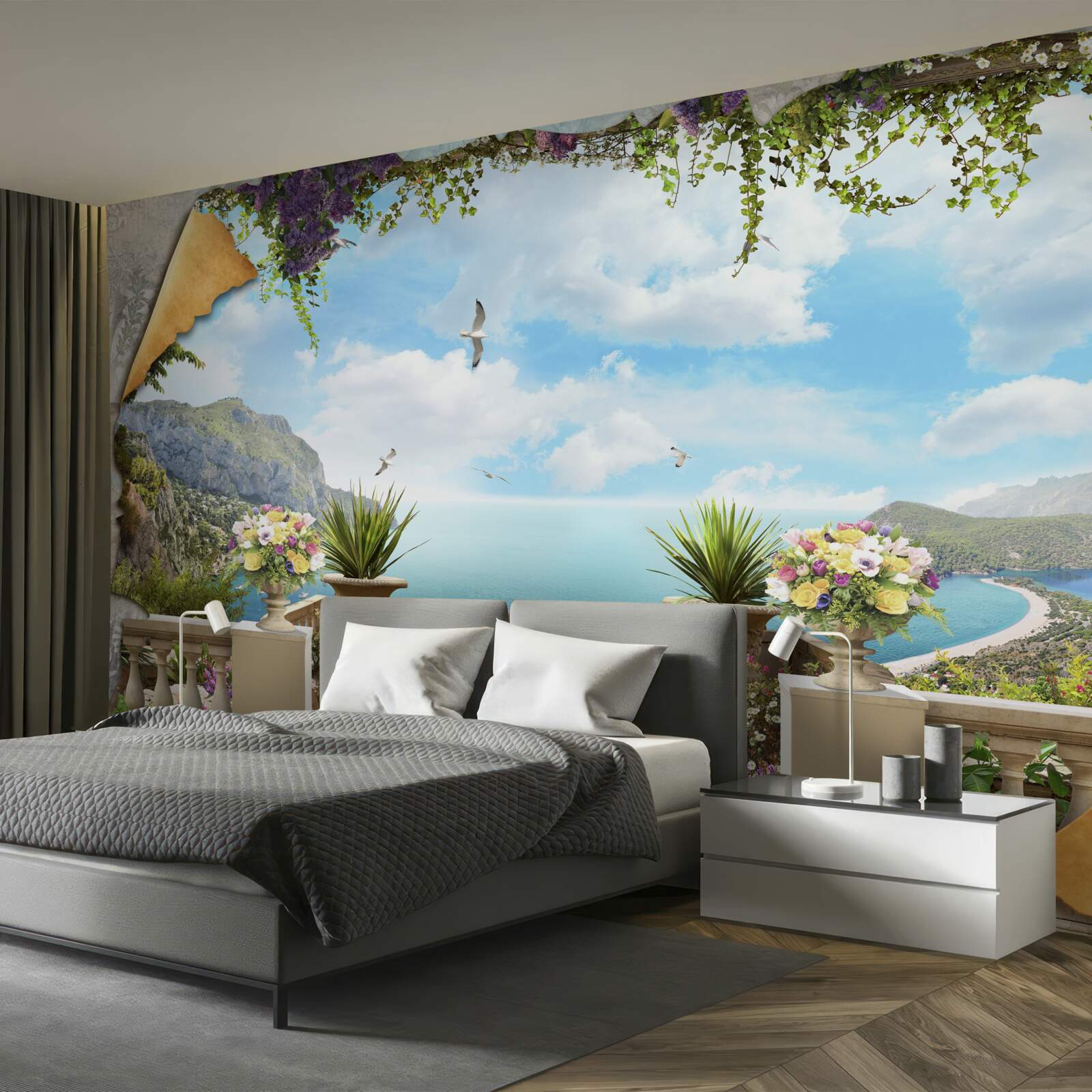 Fotobehang panoramisch uitzicht op zee vanaf het balkon