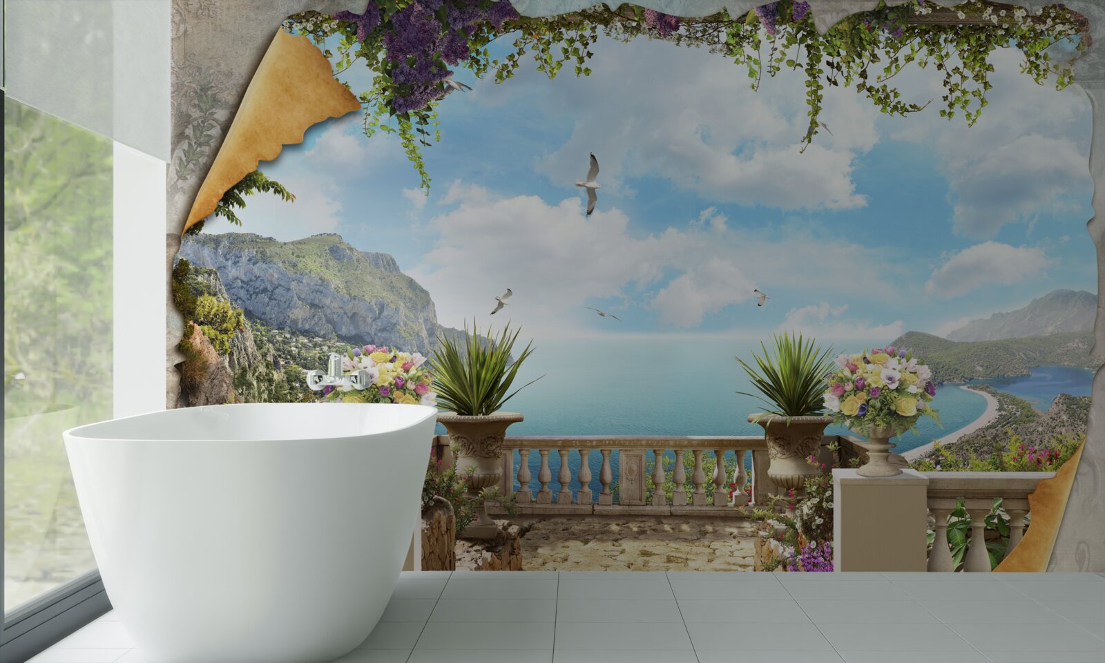 Fotobehang panoramisch uitzicht op zee vanaf het balkon