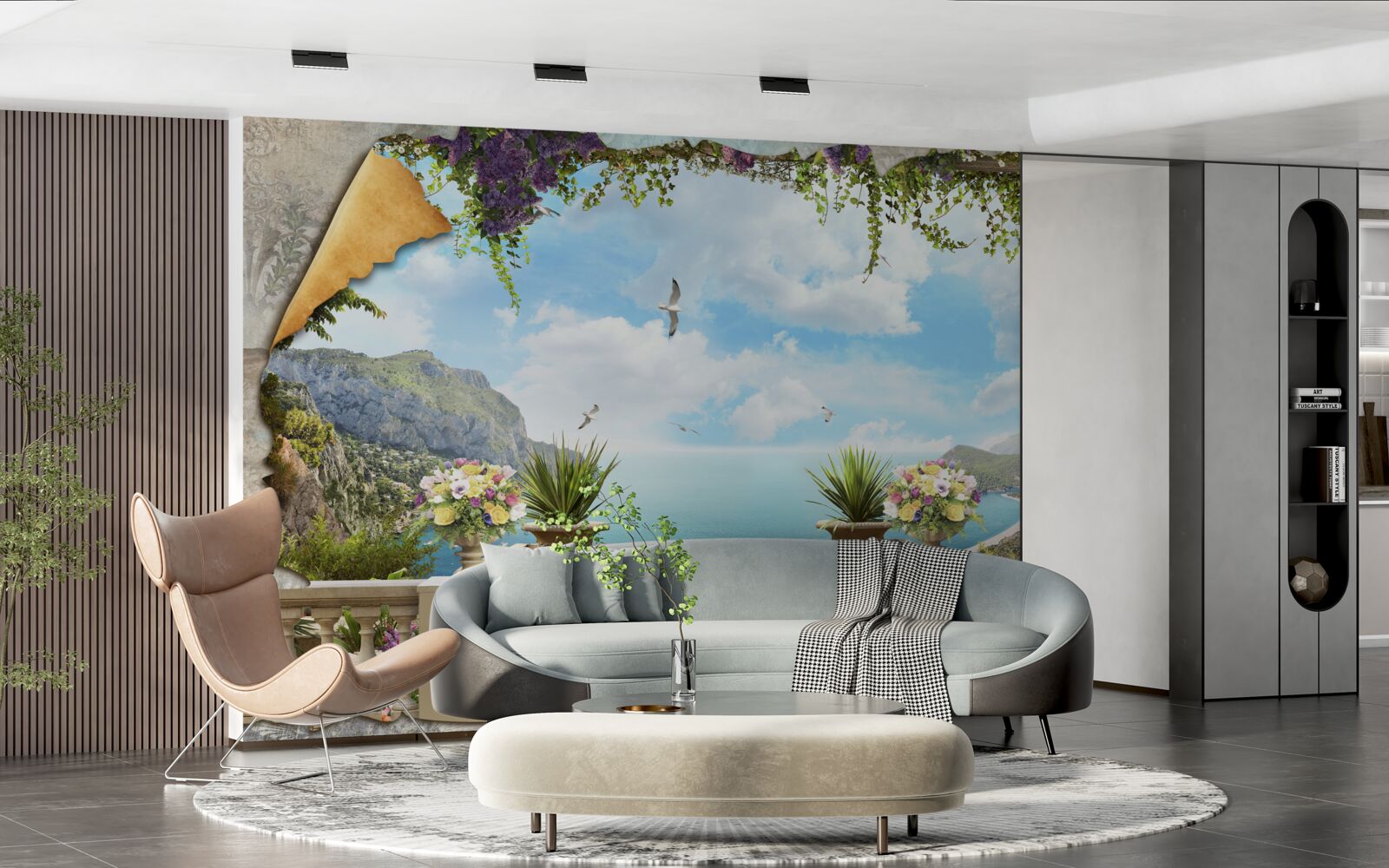 Fotobehang panoramisch uitzicht op zee vanaf het balkon