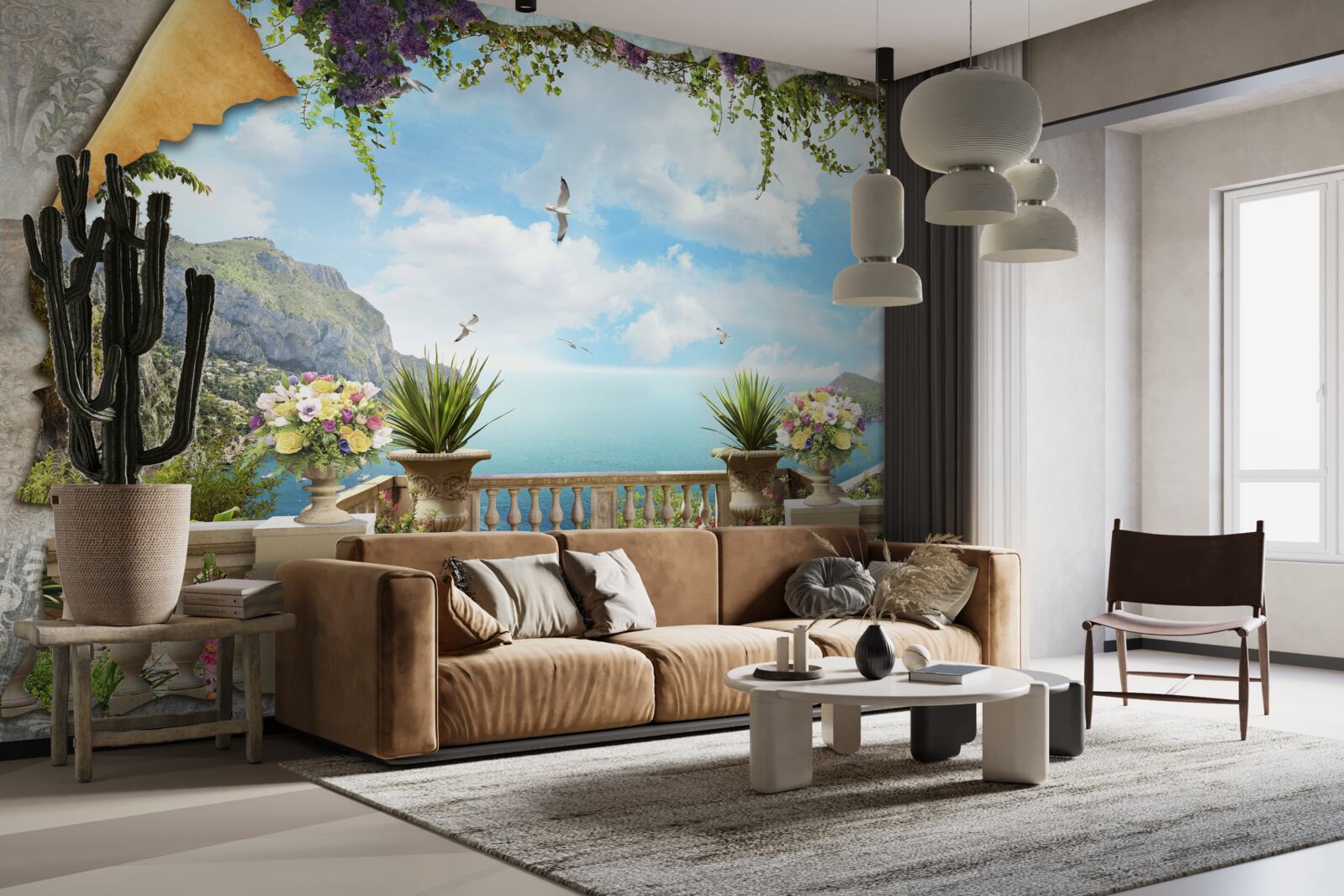 Fotobehang panoramisch uitzicht op zee vanaf het balkon