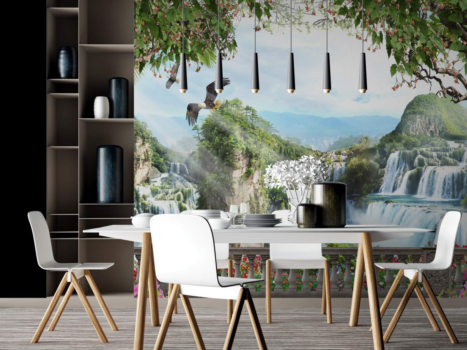 Fotobehang panorama van prachtige hoge watervallen