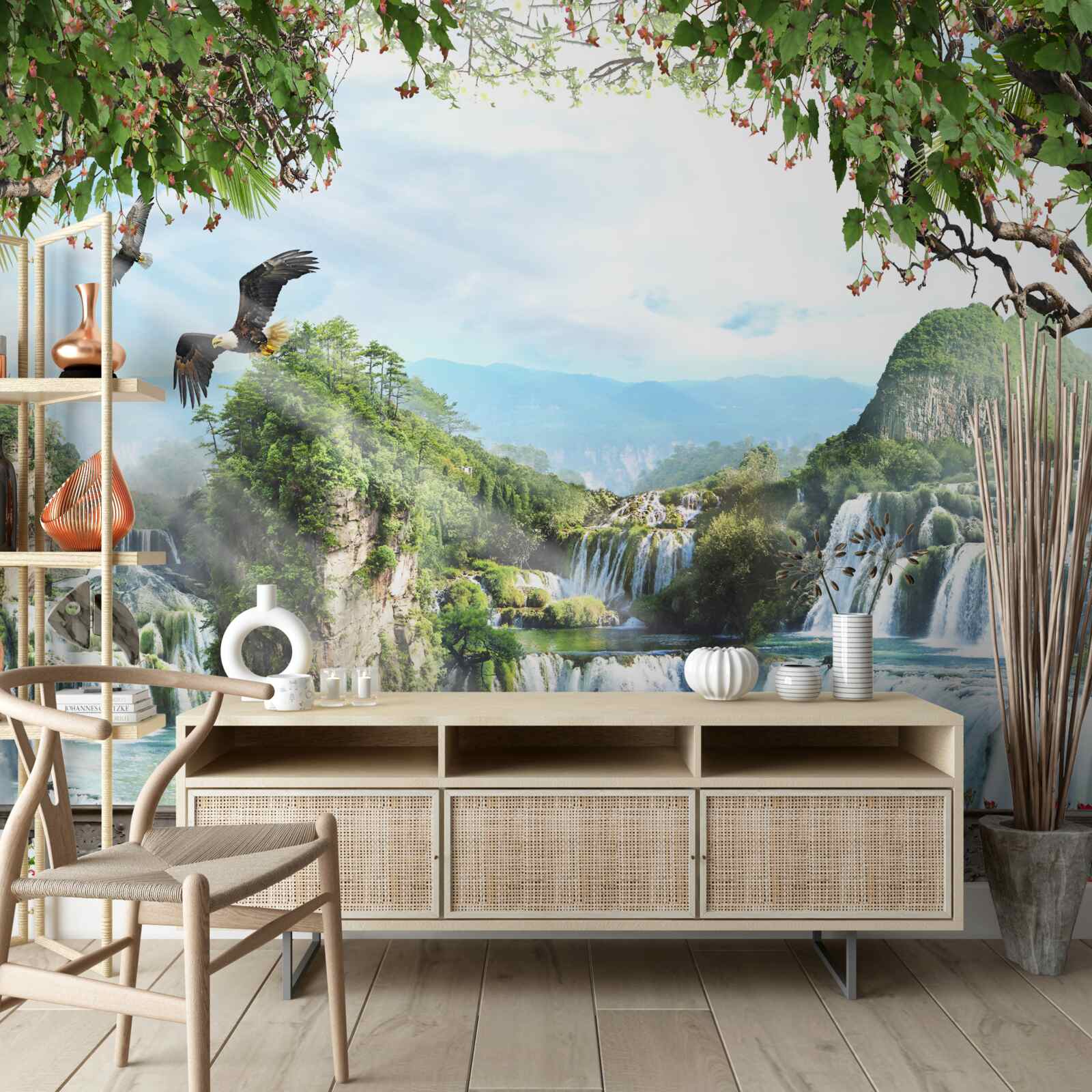 Fotobehang panorama van prachtige hoge watervallen