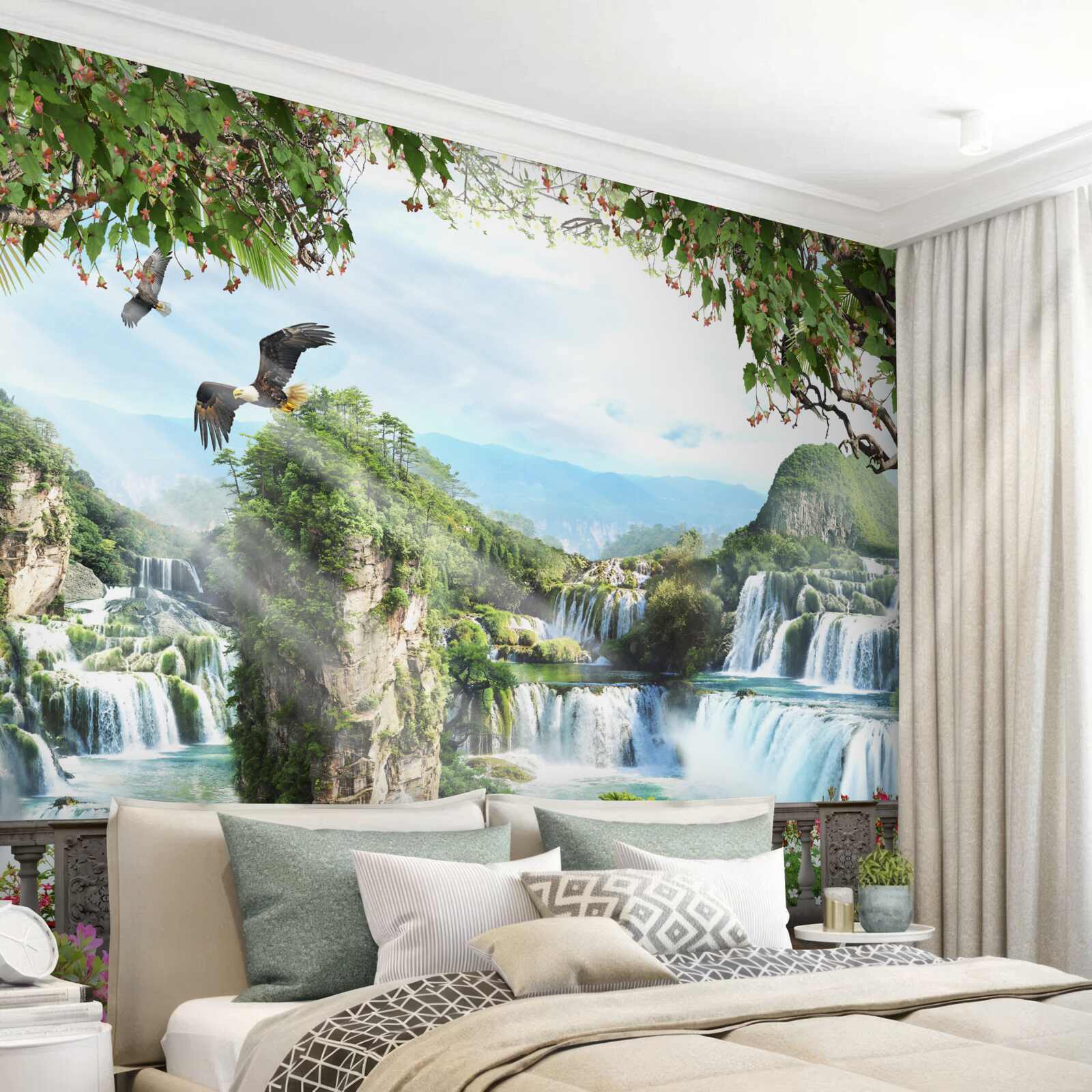 Fotobehang panorama van prachtige hoge watervallen