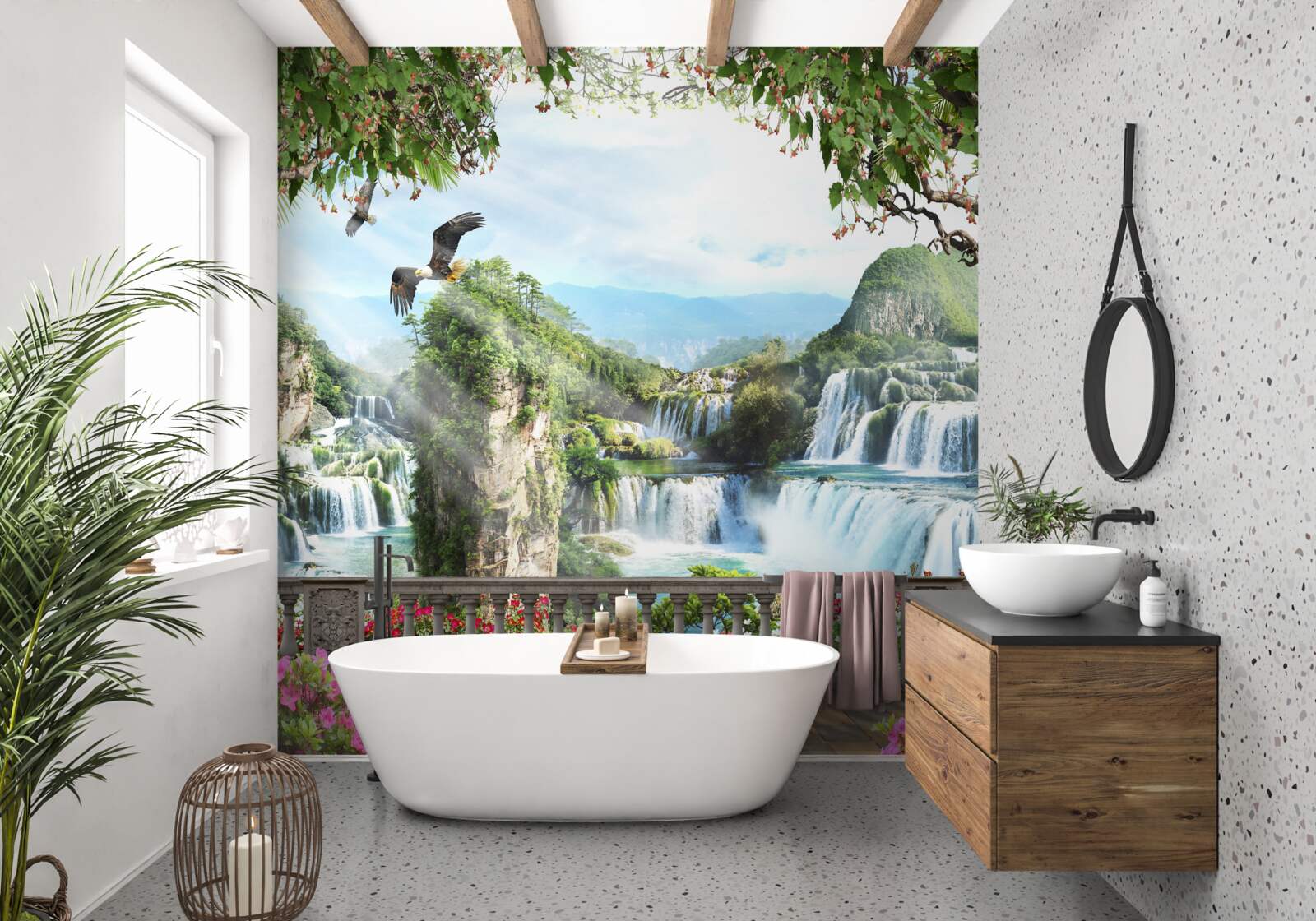 Fotobehang panorama van prachtige hoge watervallen