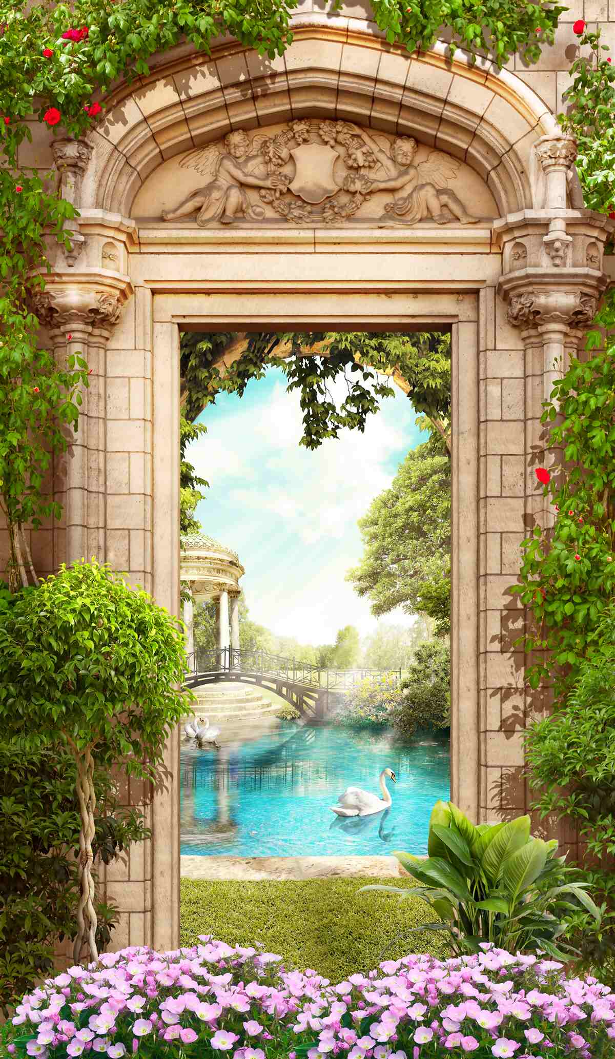 Fotobehang panorama van prieel en meer met zwanen, opening vanuit de boog