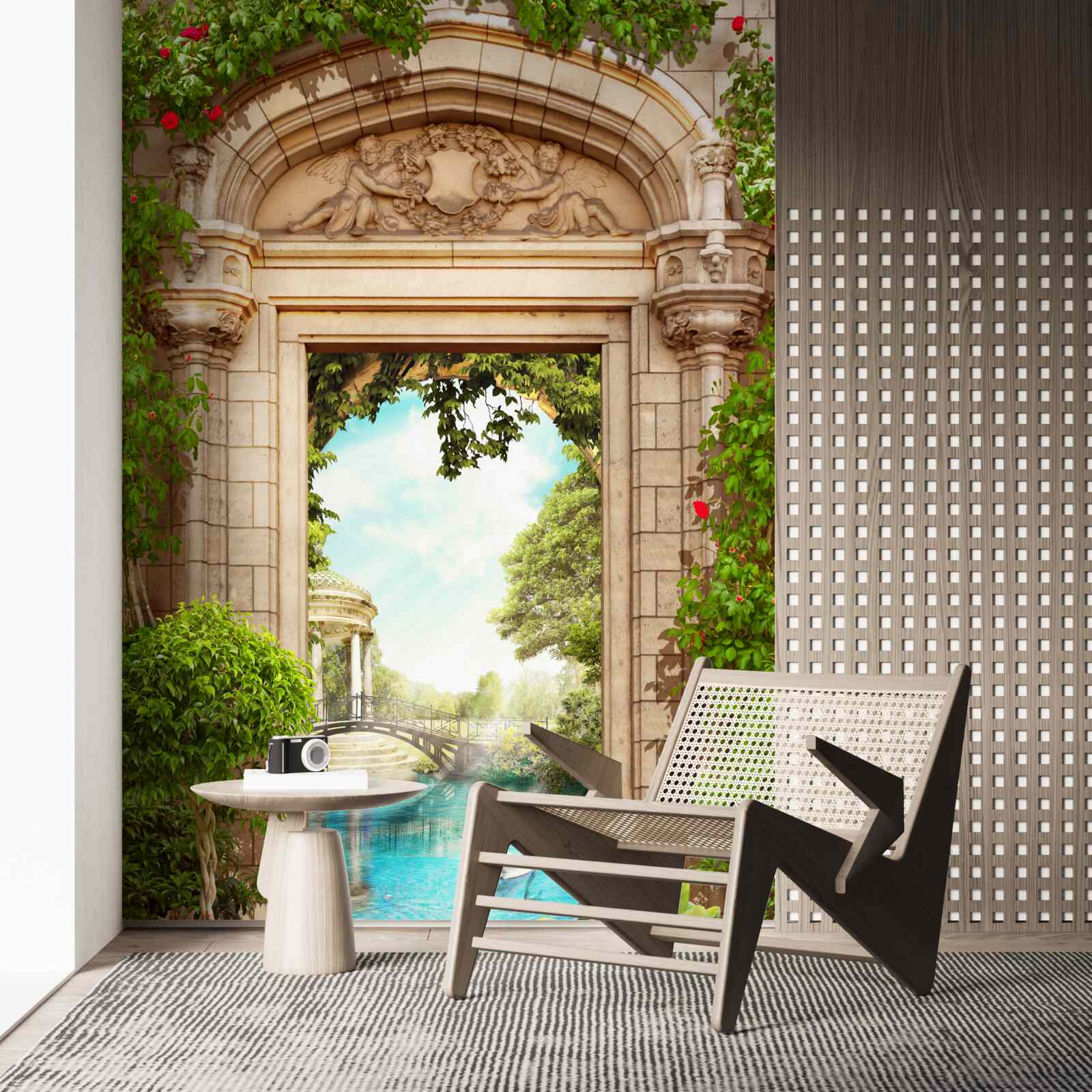 Fotobehang panorama van prieel en meer met zwanen, opening vanuit de boog