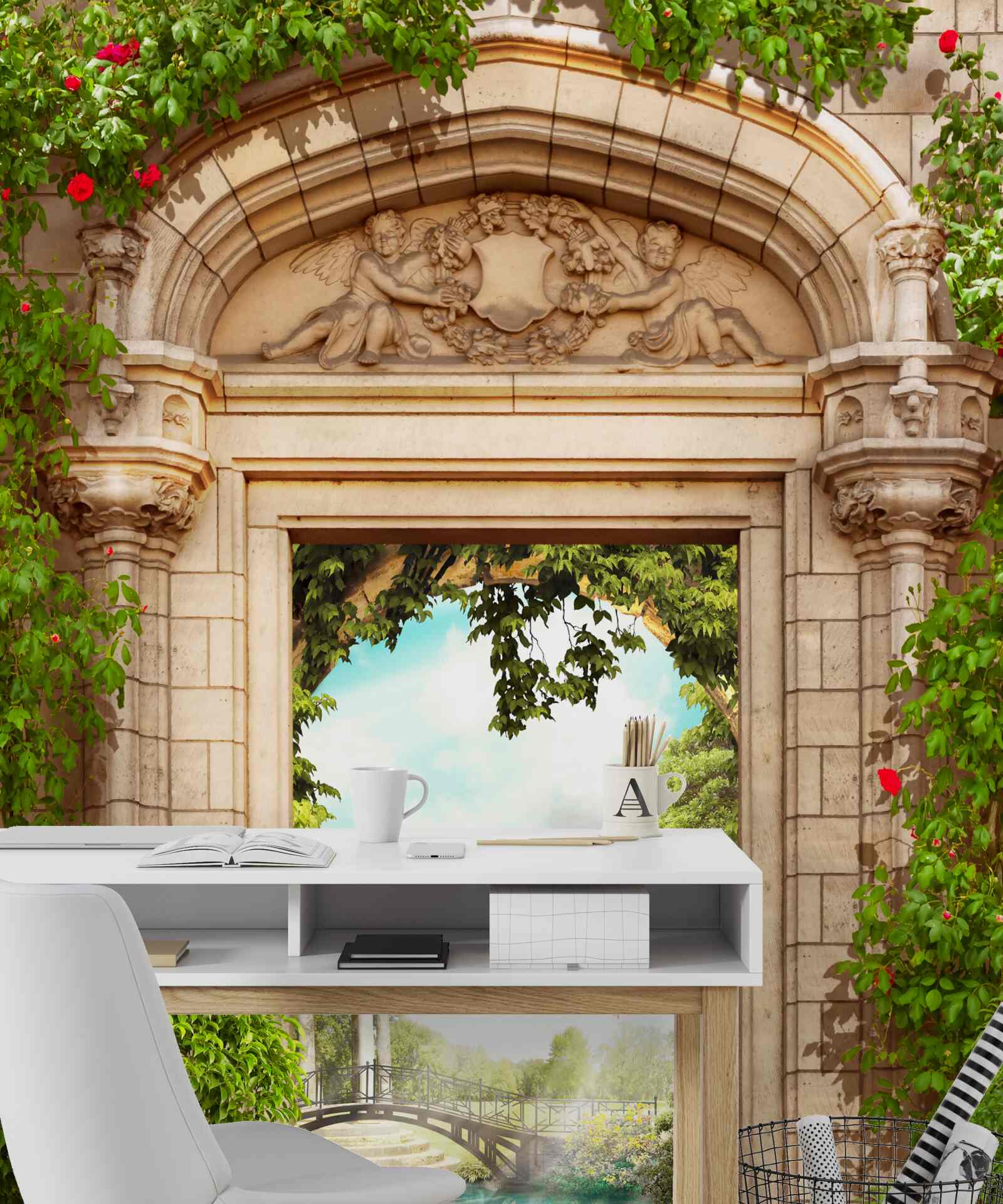 Fotobehang panorama van prieel en meer met zwanen, opening vanuit de boog