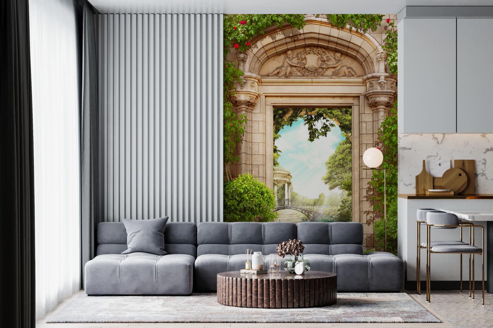 Fotobehang panorama van prieel en meer met zwanen, opening vanuit de boog