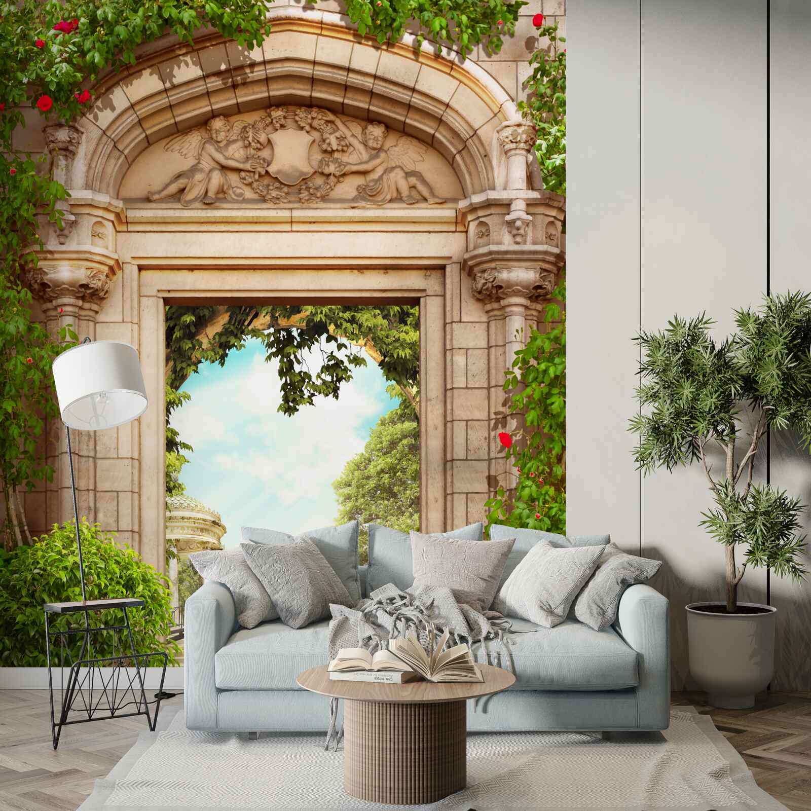 Fotobehang panorama van prieel en meer met zwanen, opening vanuit de boog