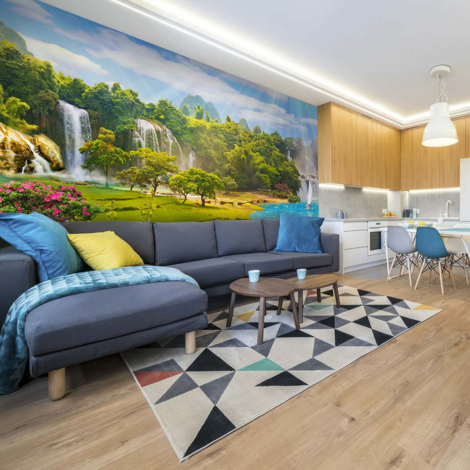 Fotobehang boten bij watervallen