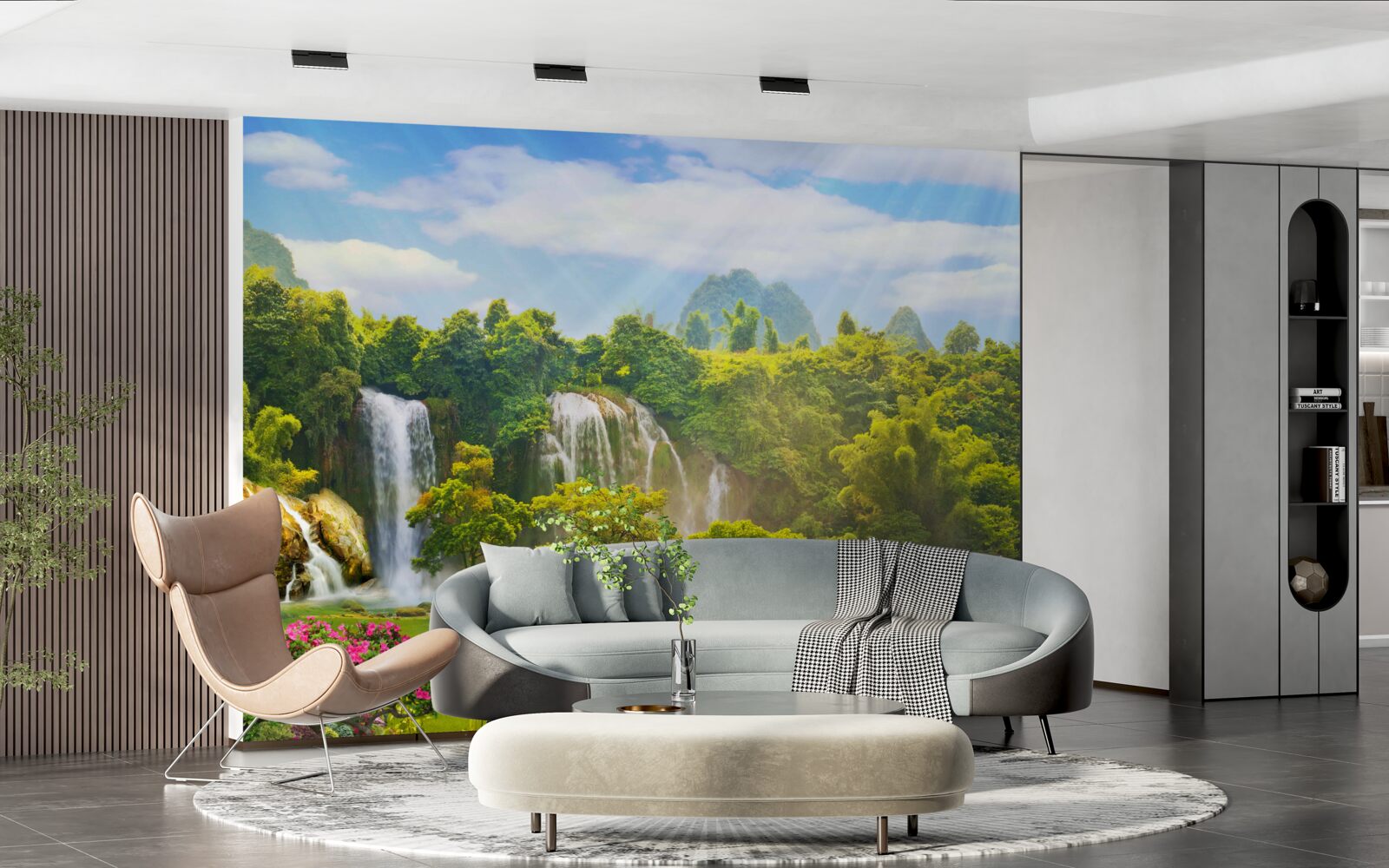 Fotobehang boten bij watervallen