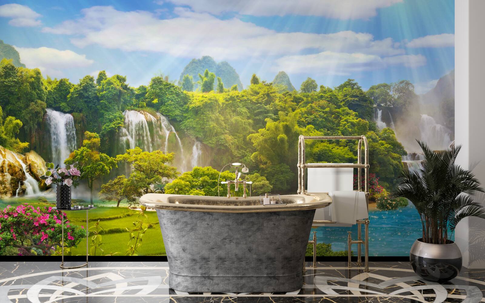 Fotobehang boten bij watervallen