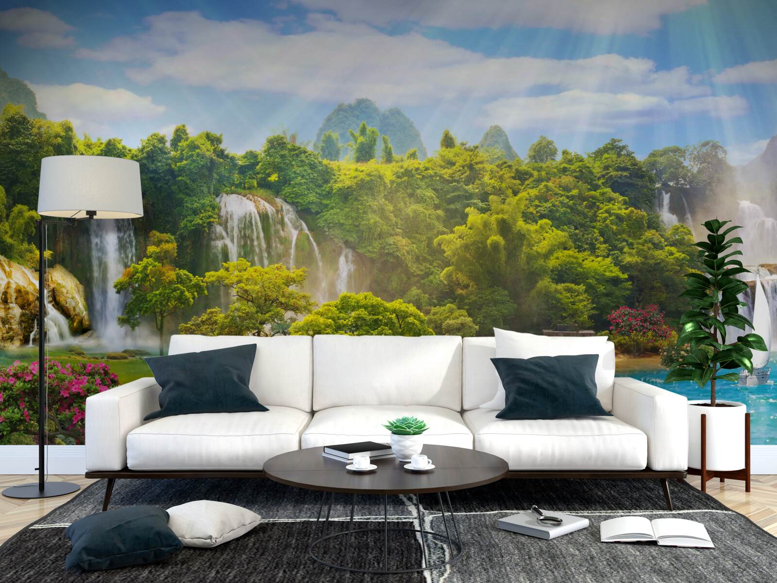 Fotobehang boten bij watervallen