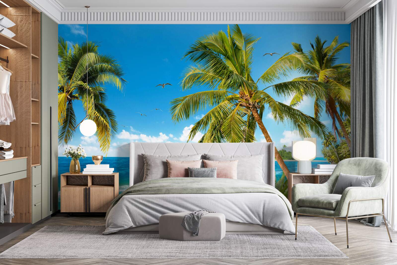 Fotobehang Hoge palmbomen aan de kust