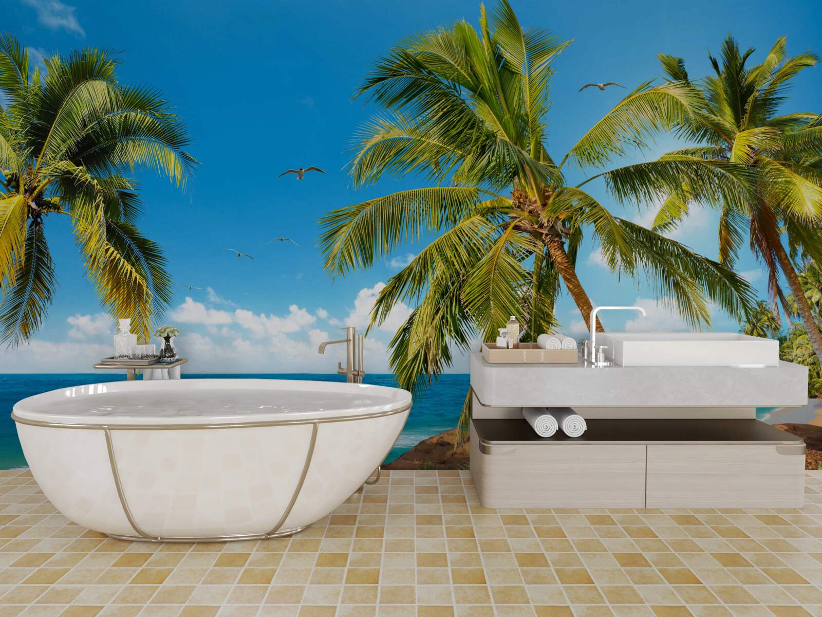 Fotobehang Hoge palmbomen aan de kust