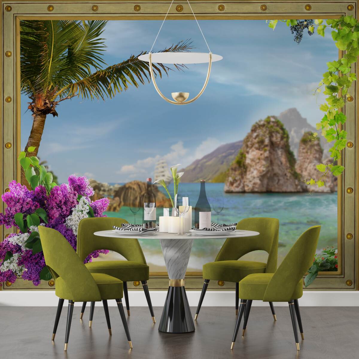 Fotobehang het schip is omgeven door rotsen