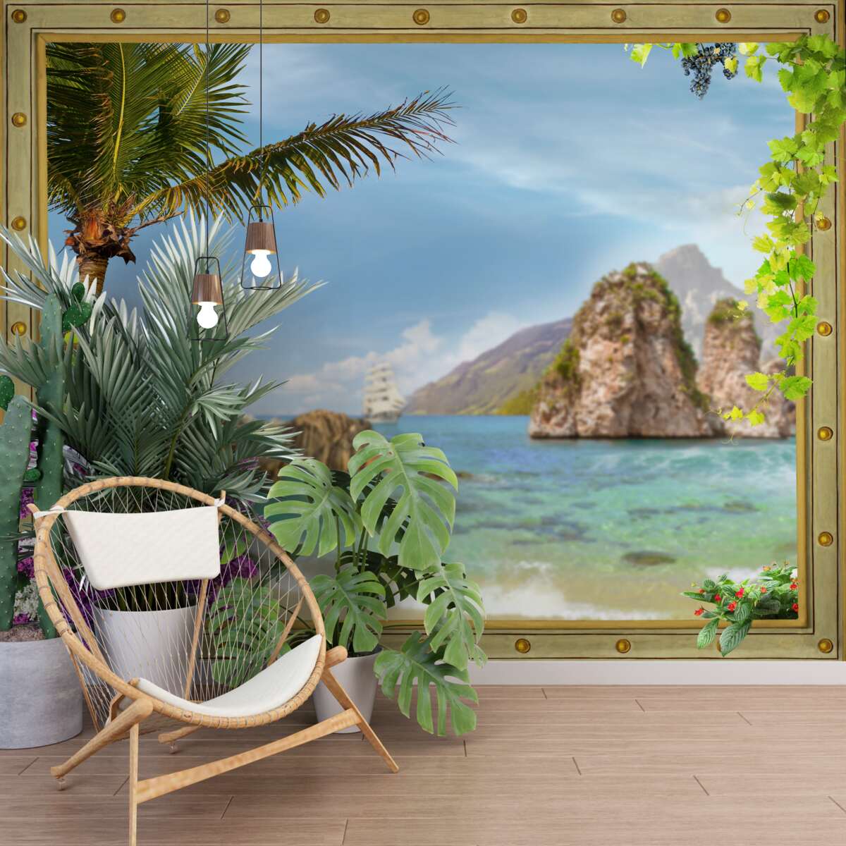 Fotobehang het schip is omgeven door rotsen