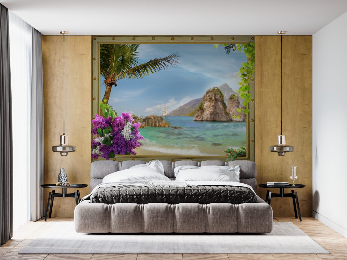 Fotobehang het schip is omgeven door rotsen