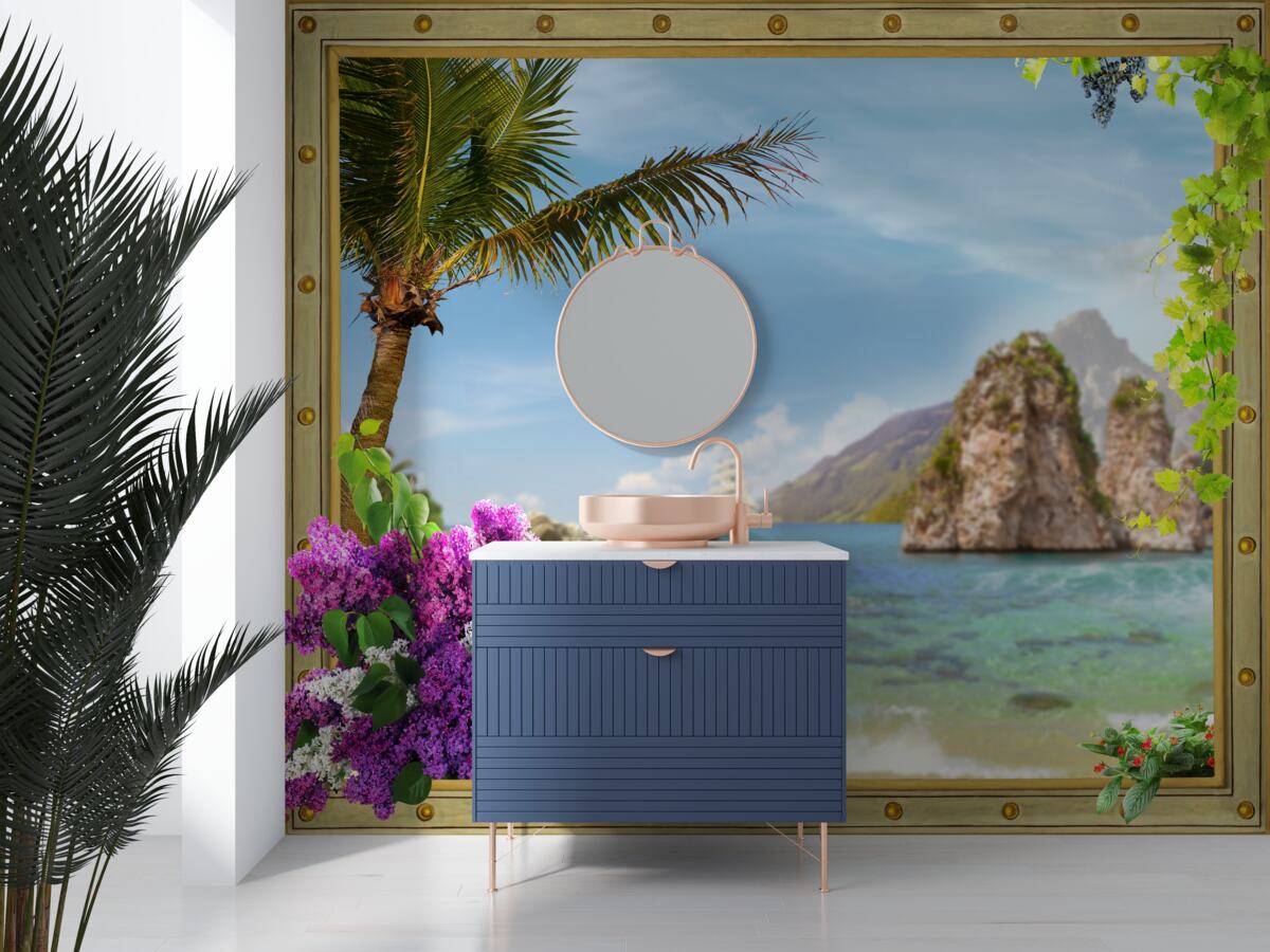 Fotobehang het schip is omgeven door rotsen