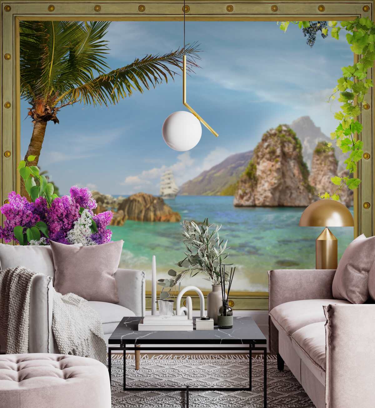 Fotobehang het schip is omgeven door rotsen