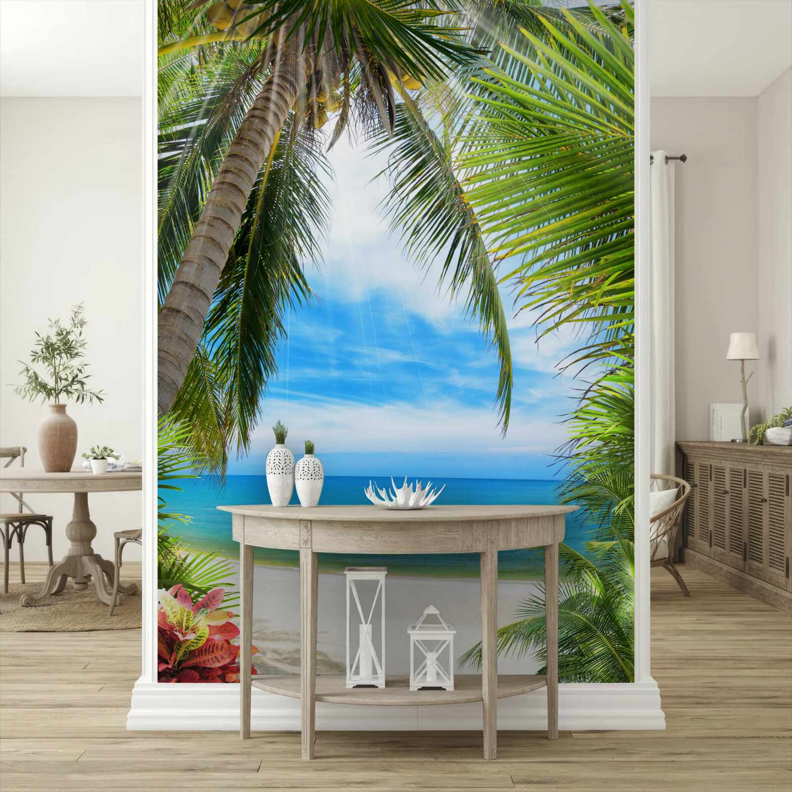 Fotobehang pad naar de oceaan door de palmbomen