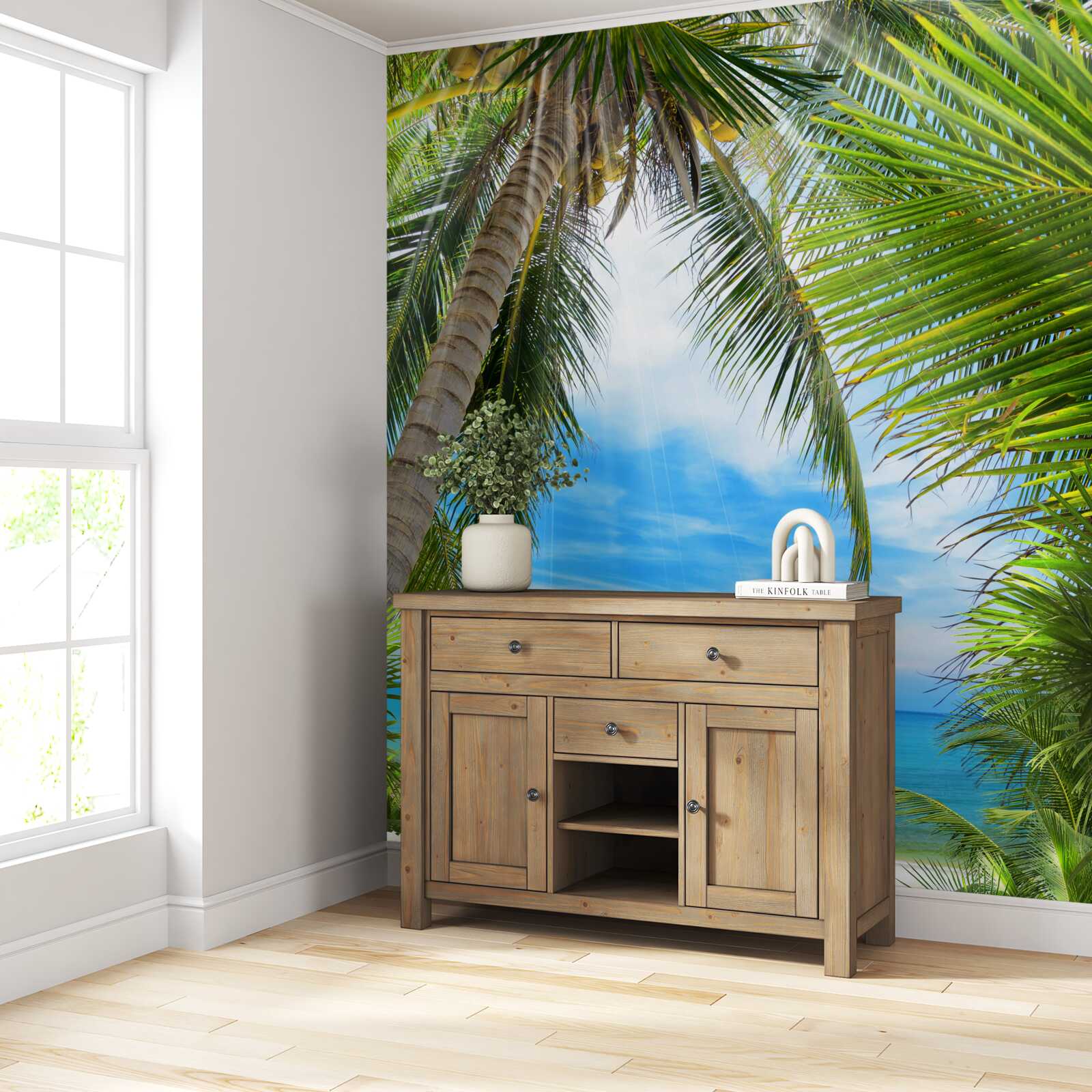 Fotobehang pad naar de oceaan door de palmbomen