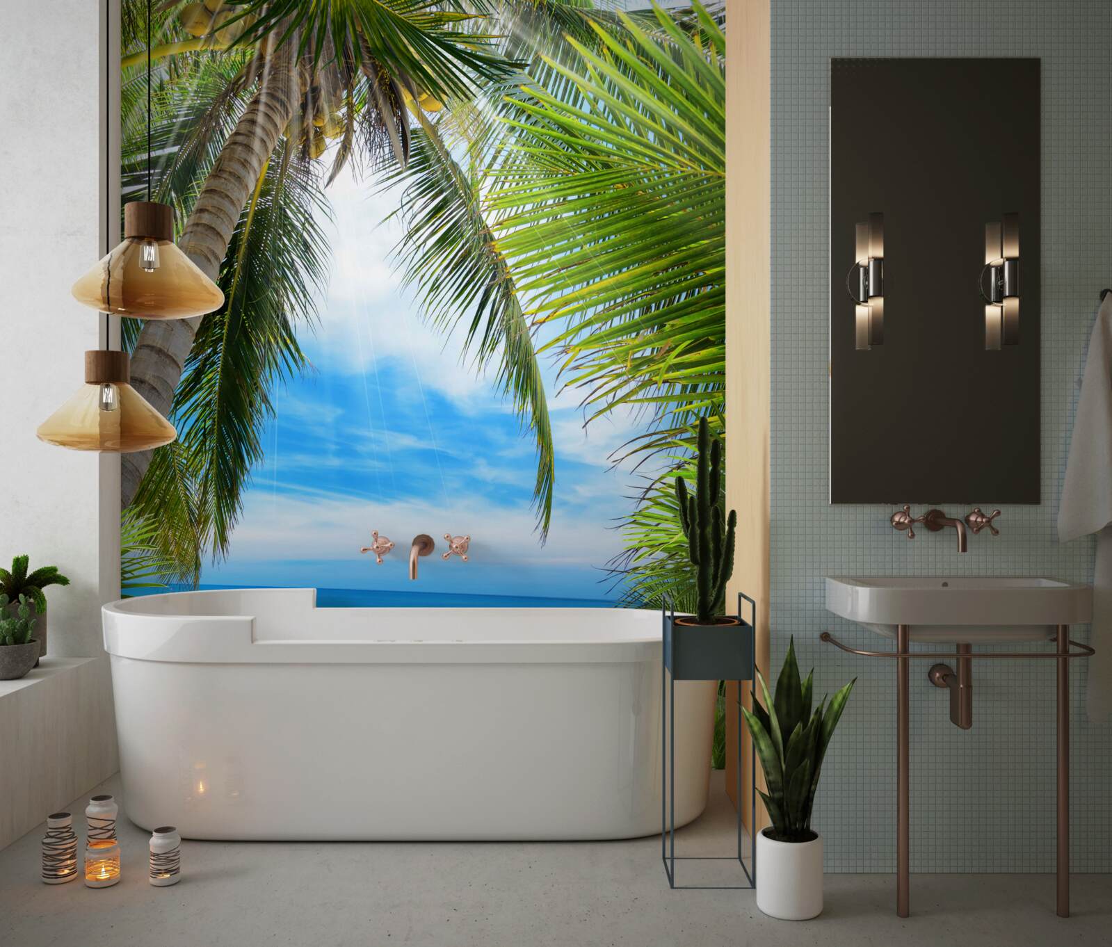 Fotobehang pad naar de oceaan door de palmbomen