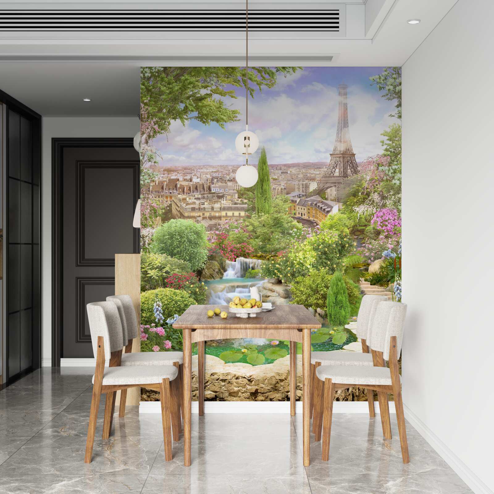 Fotobehang bloeiende tuin met uitzicht op de eiffeltoren