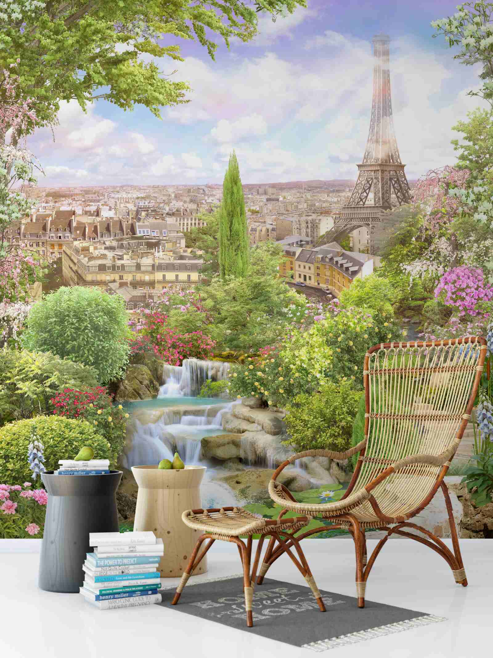 Fotobehang bloeiende tuin met uitzicht op de eiffeltoren