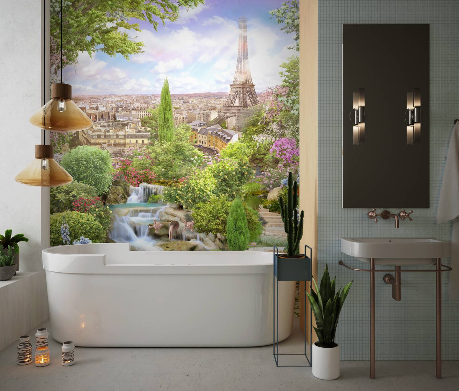 Fotobehang bloeiende tuin met uitzicht op de eiffeltoren