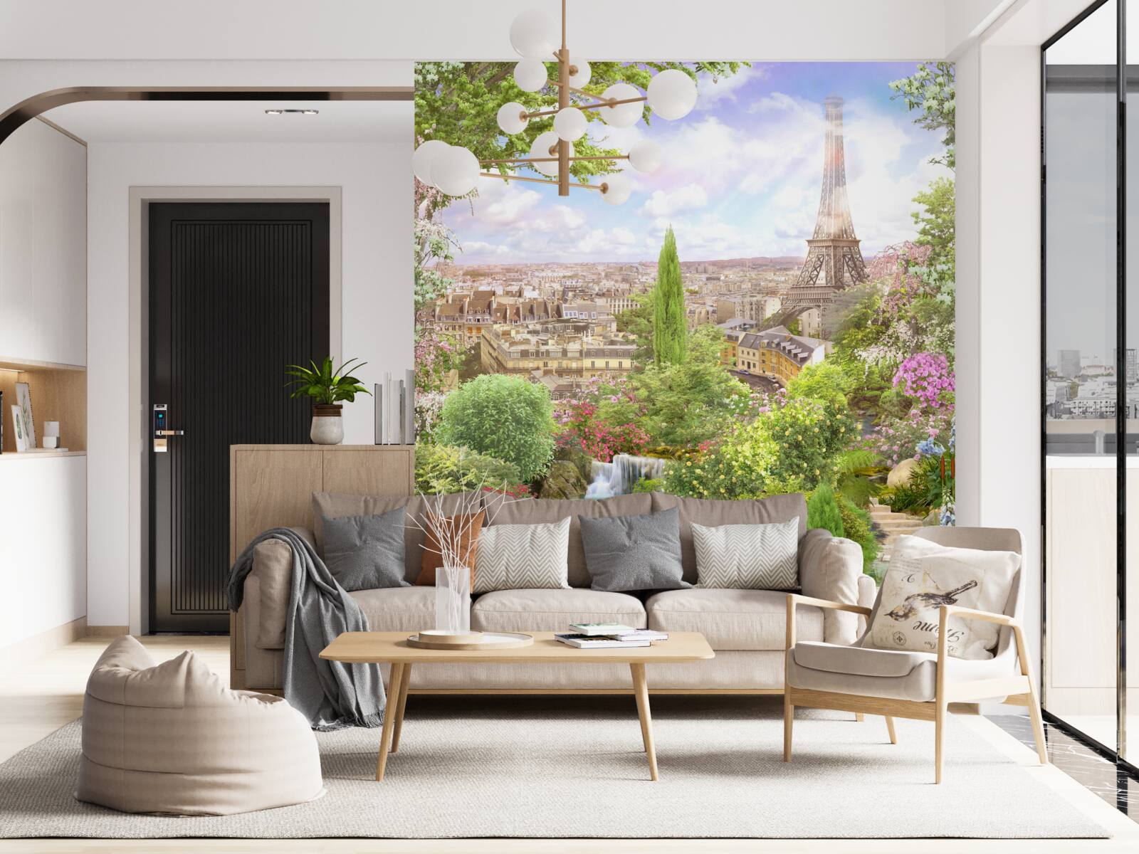 Fotobehang bloeiende tuin met uitzicht op de eiffeltoren