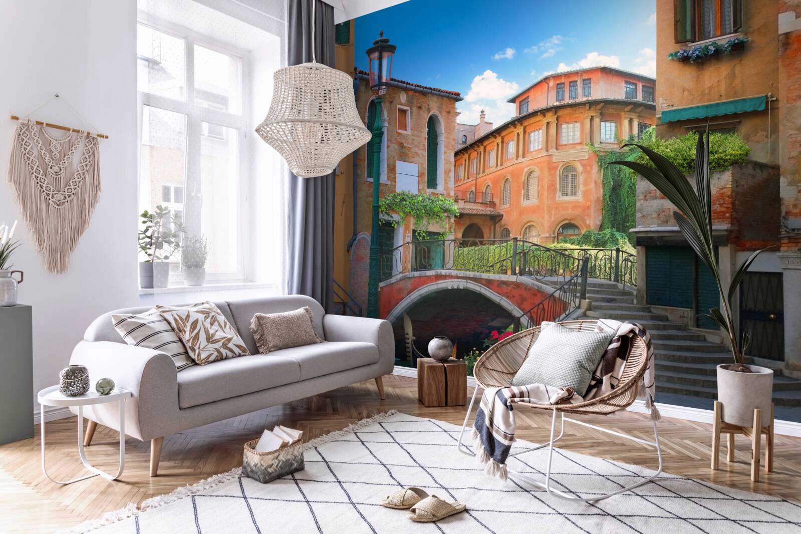 Fotobehang beschadigde gebouwen en brugstructuur