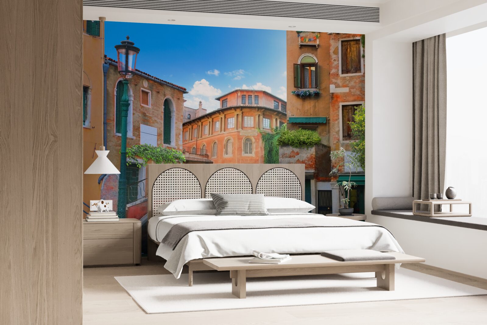 Fotobehang beschadigde gebouwen en brugstructuur