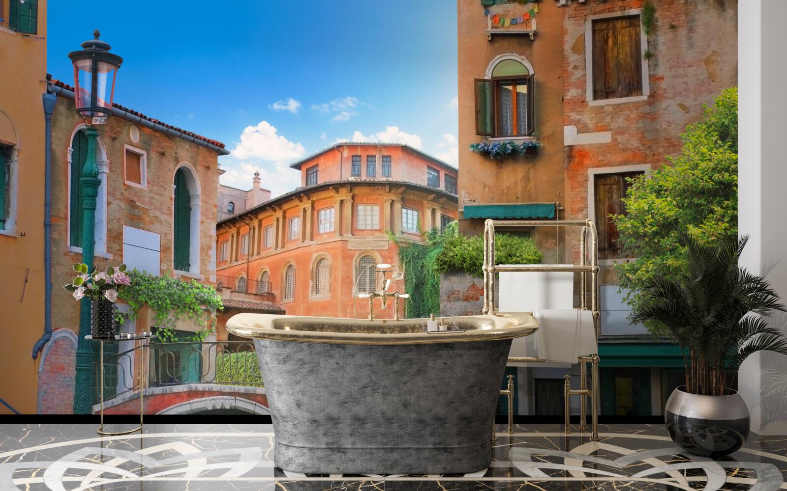 Fotobehang beschadigde gebouwen en brugstructuur