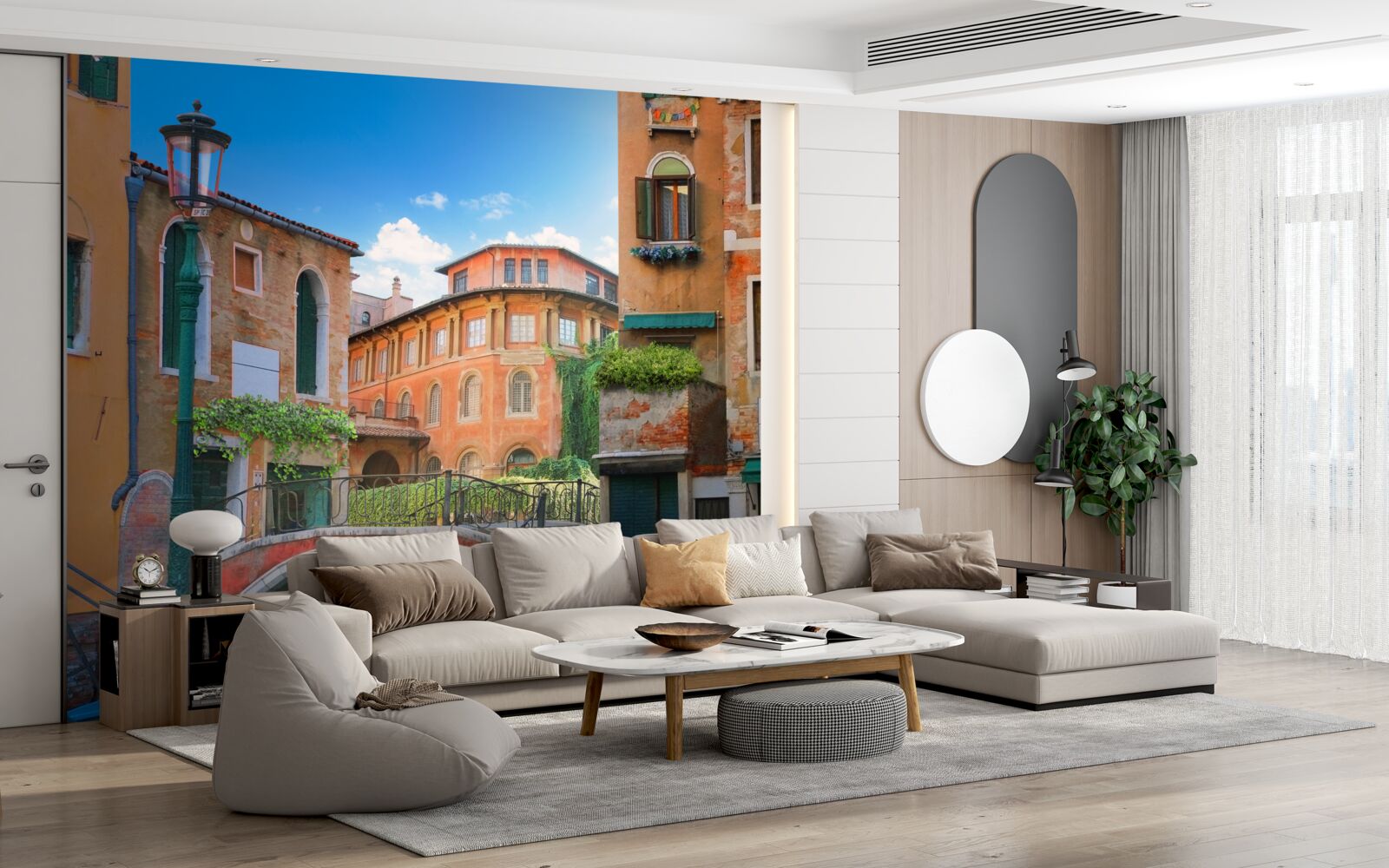 Fotobehang beschadigde gebouwen en brugstructuur