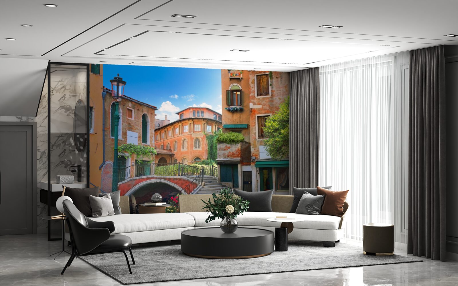 Fotobehang beschadigde gebouwen en brugstructuur