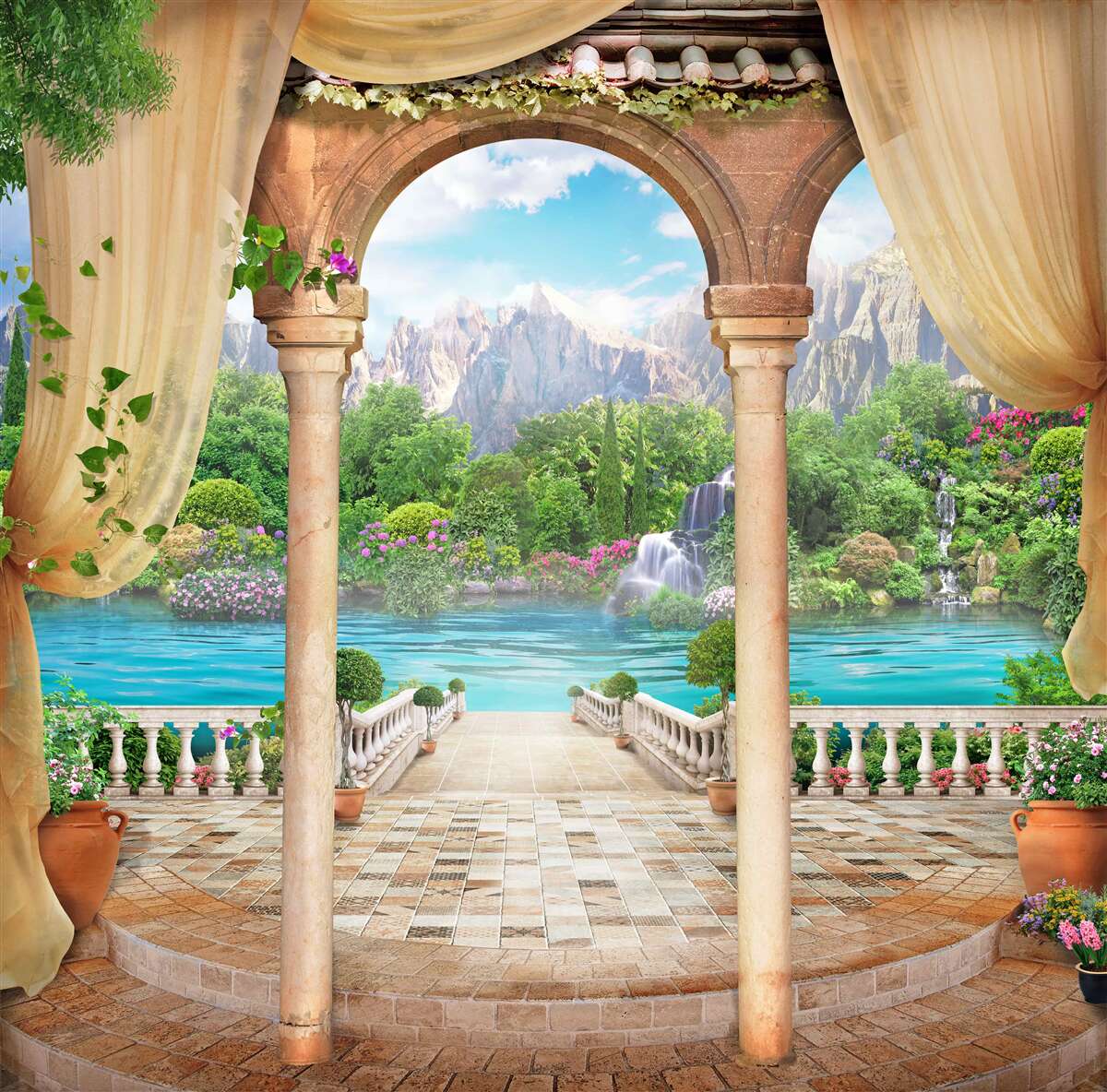 Fotobehang comfortabele gazebo voor ontspanning