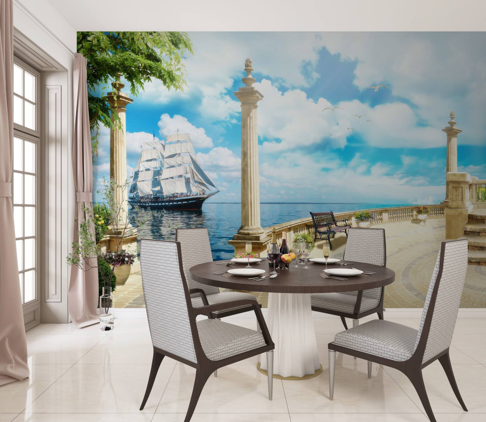 Fotobehang een zeilboot nadert de kust