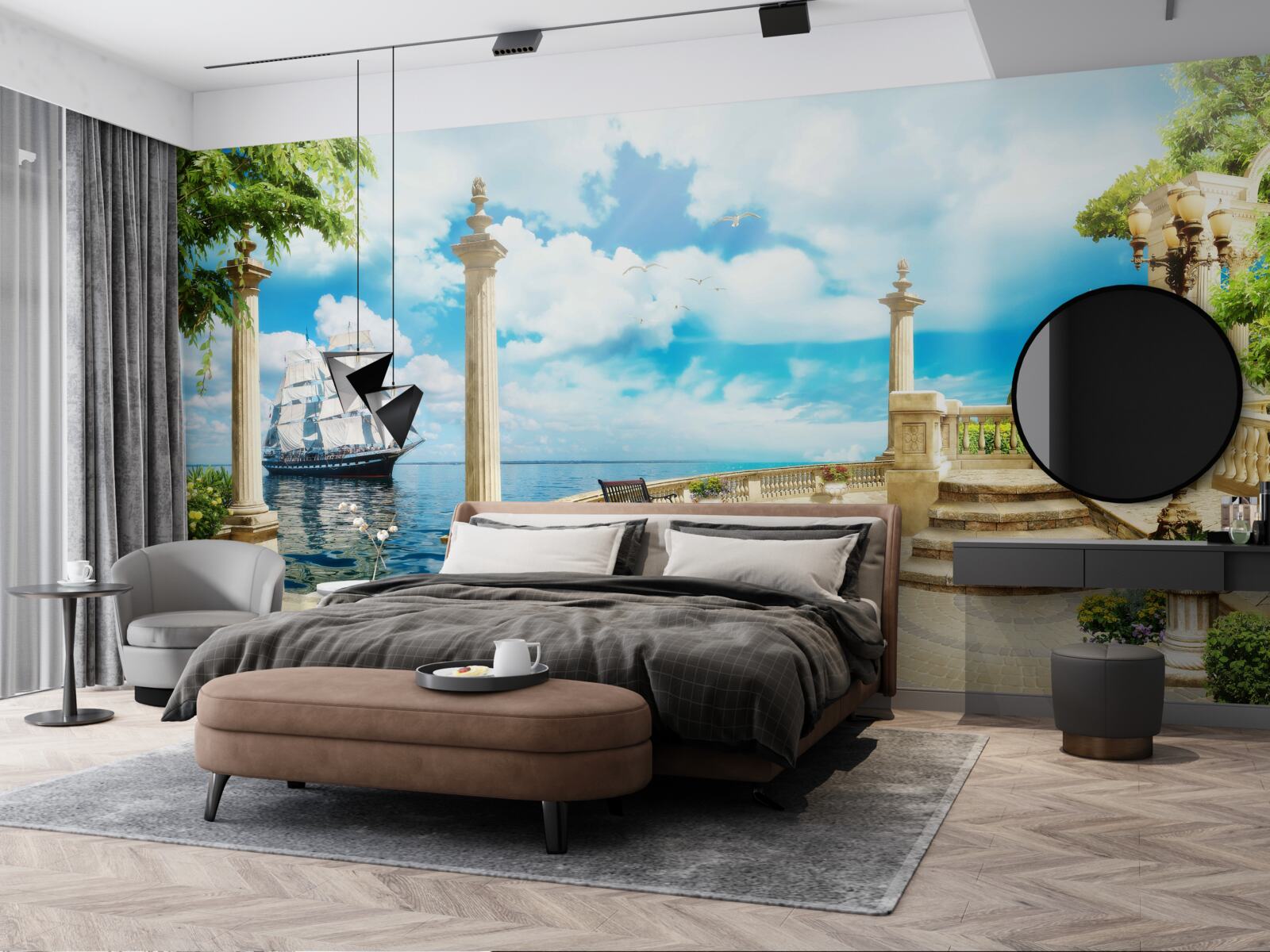 Fotobehang een zeilboot nadert de kust