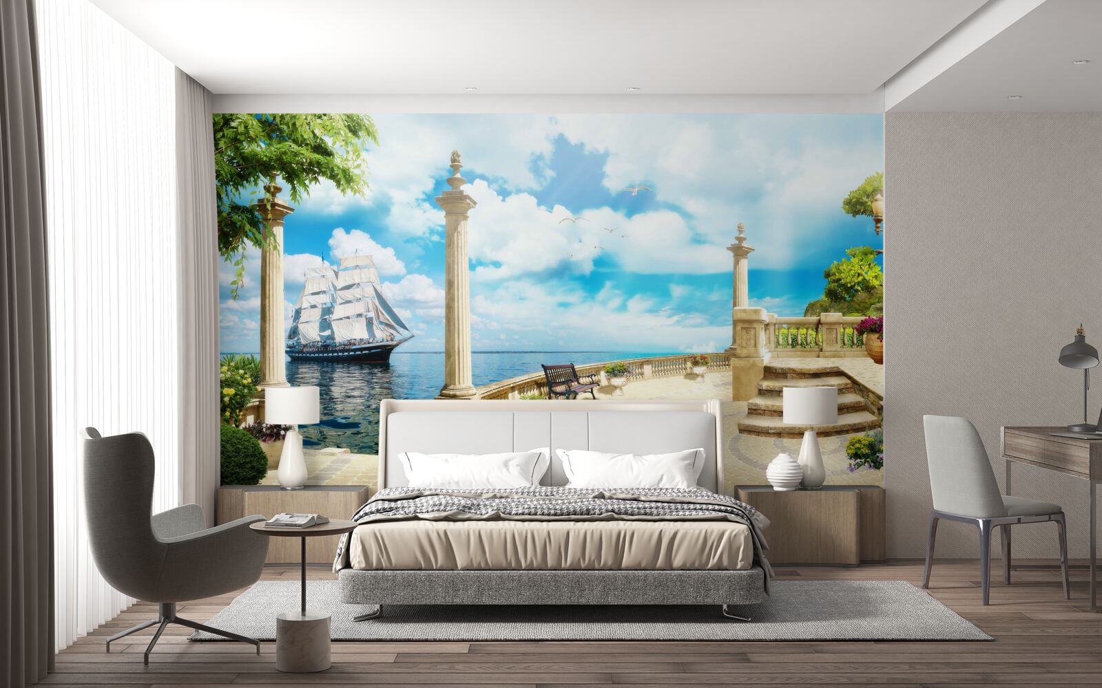 Fotobehang een zeilboot nadert de kust