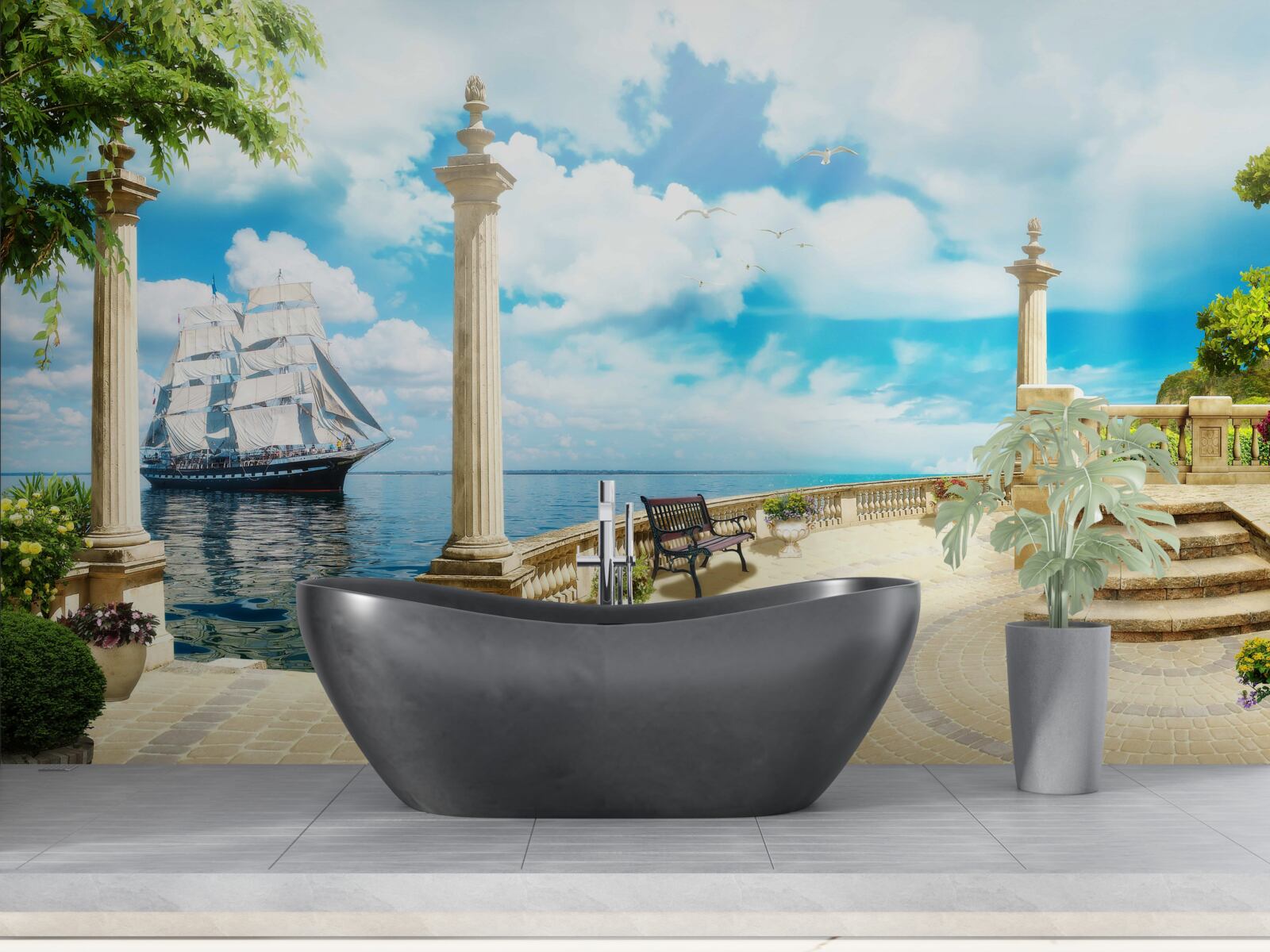 Fotobehang een zeilboot nadert de kust