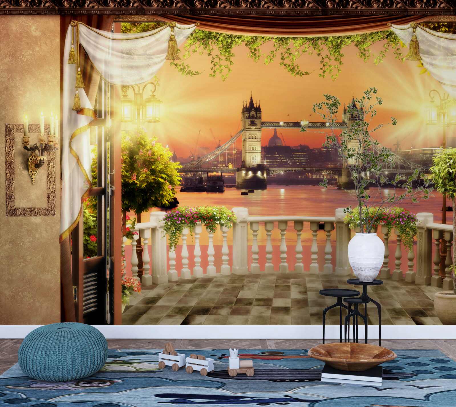 Fotobehang uitzicht op londen bridge vanaf het balkon in de avond