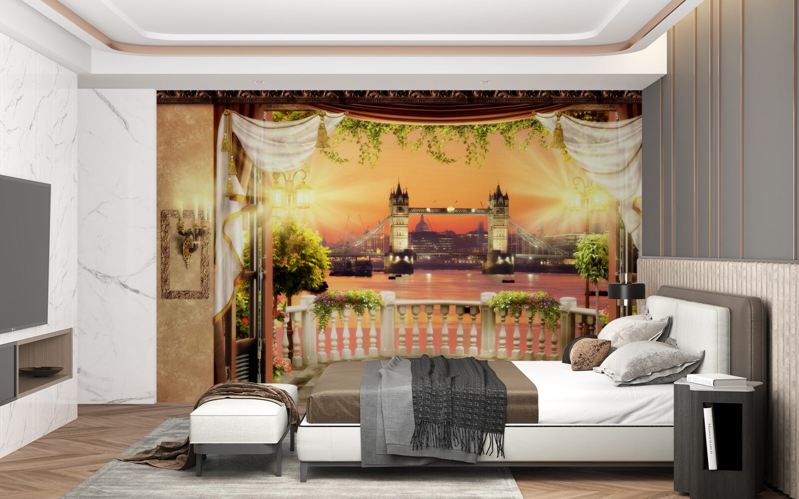 Fotobehang uitzicht op londen bridge vanaf het balkon in de avond